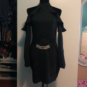 Black cold shoulder dress with gold color belt